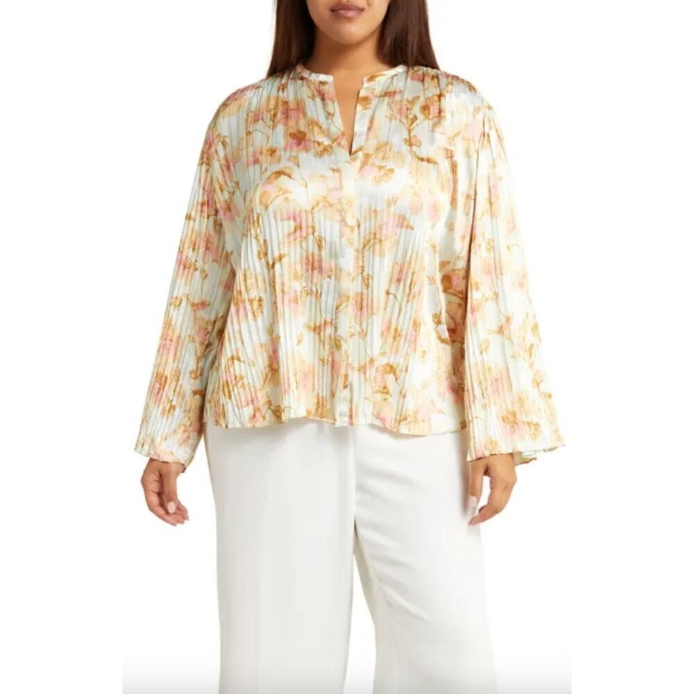 Vince Floral Crushed Pleated Floral Blouse Multi Cream Womens Size 1X